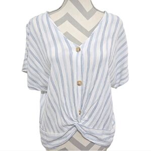 SO Striped V-neck Top White Blue with Front Hem Twist and Buttons Size XL